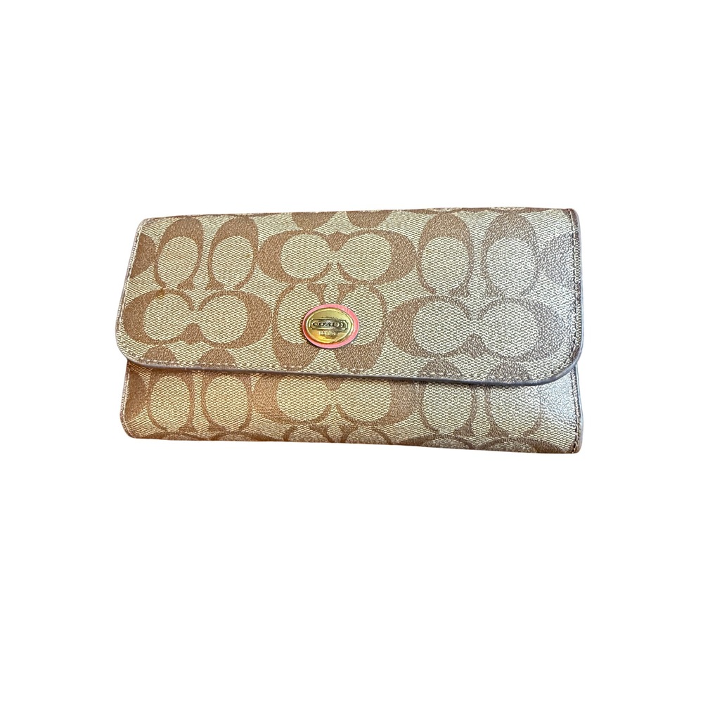 Coach Signature Coated Canvas Slim Envelope Wallet Brown Pink Gold Logo Plaque